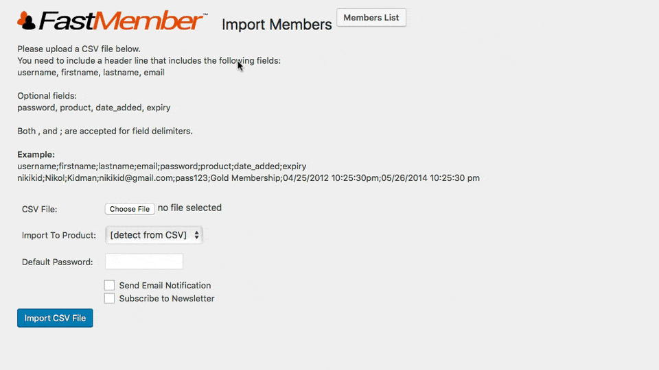 CSV Import Members