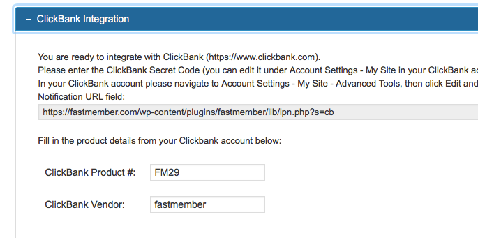 FastMember ClickBank Settings